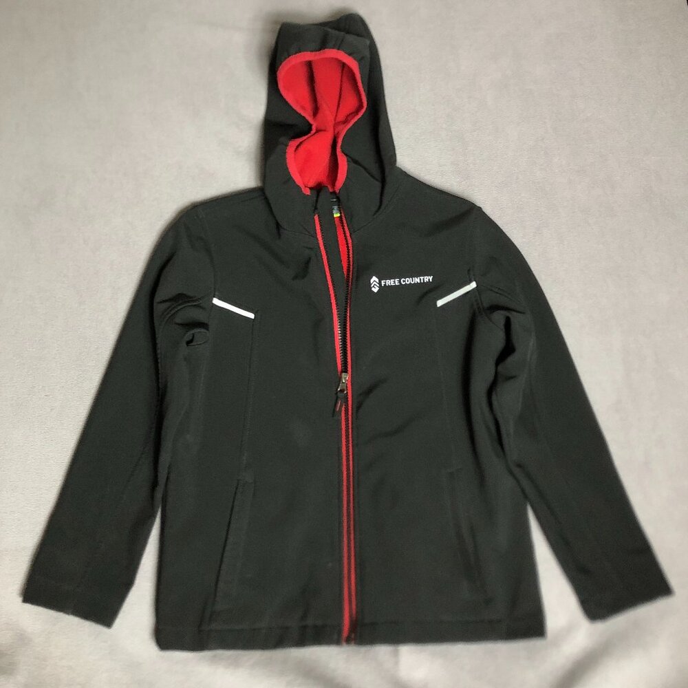 Free Country Youth Boys Hooded Jacket Large 7/8 Black Soft Shell Reflective